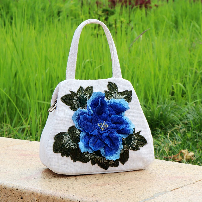 Ethnic-style Embroidered Floral Bag, Canvas Casual Bag, Handbag
